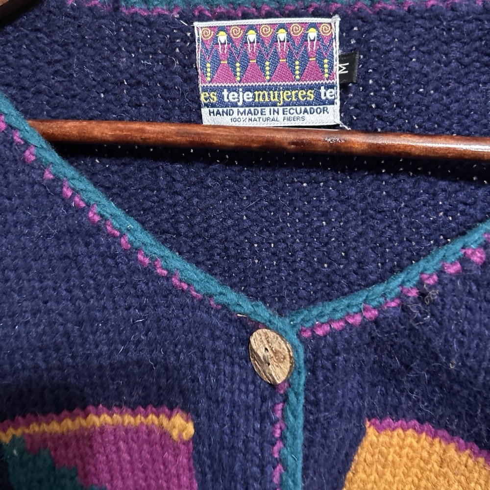 Vintage Ecuador Hand Knit Cardigan Sweater Women's Medium Aztec Geometric Button - Picture 3 of 8